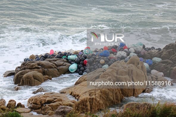 Floating balls for offshore farming come ashore with waves affected by Typhoon Pulasan in Qingdao, China, on September 20, 2024. 