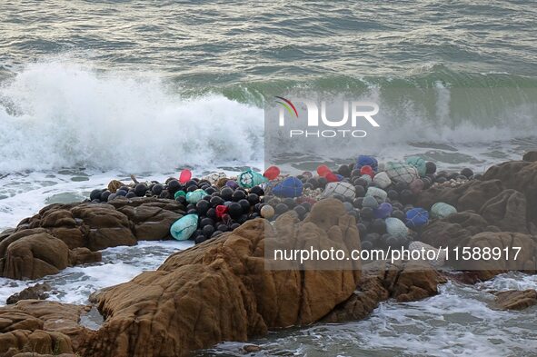 Floating balls for offshore farming come ashore with waves affected by Typhoon Pulasan in Qingdao, China, on September 20, 2024. 