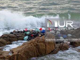 Floating balls for offshore farming come ashore with waves affected by Typhoon Pulasan in Qingdao, China, on September 20, 2024. (