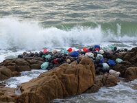 Floating balls for offshore farming come ashore with waves affected by Typhoon Pulasan in Qingdao, China, on September 20, 2024. (