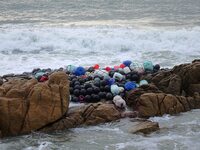 Floating balls for offshore farming come ashore with waves affected by Typhoon Pulasan in Qingdao, China, on September 20, 2024. (