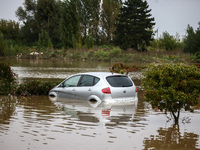 A car is seen in the water after Nysa Klodzka river flooded town of Lewin Brzeski in southwestern Poland, on September 19th, 2024. Storm Bor...