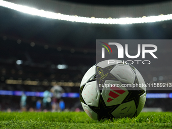 Match ball during the UEFA Champions League 2024/25 League Phase MD1 match between Atletico de Madrid and RB Leipzig at Estadio Civitas Metr...