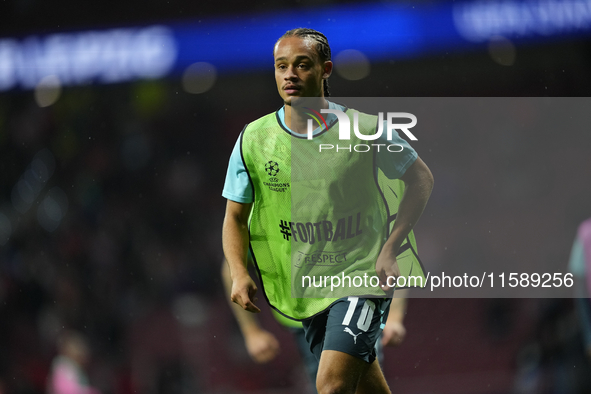 Xavi Simons attacking midfield of RB Leipzig and Netherlands during the warm-up before the UEFA Champions League 2024/25 League Phase MD1 ma...