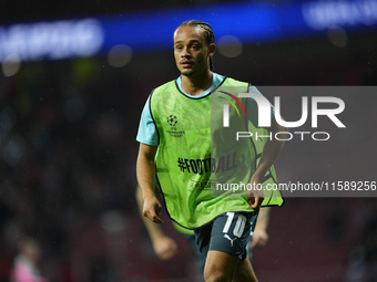 Xavi Simons attacking midfield of RB Leipzig and Netherlands during the warm-up before the UEFA Champions League 2024/25 League Phase MD1 ma...