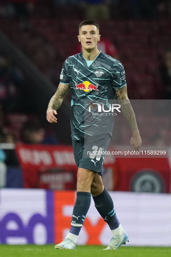 Benjamin Sesko centre-forward of RB Leipzig and Slovenia during the UEFA Champions League 2024/25 League Phase MD1 match between Atletico de...