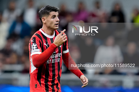 Alvaro Morata of AC Milan gestures during the UEFA Champions League 2024/25 League Phase MD1 match between AC Milan and Liverpool FC at Stad...