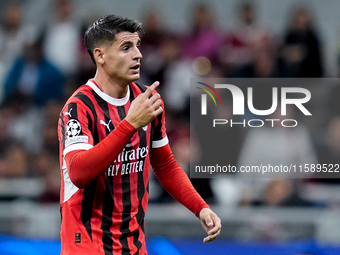 Alvaro Morata of AC Milan gestures during the UEFA Champions League 2024/25 League Phase MD1 match between AC Milan and Liverpool FC at Stad...