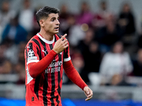 Alvaro Morata of AC Milan gestures during the UEFA Champions League 2024/25 League Phase MD1 match between AC Milan and Liverpool FC at Stad...