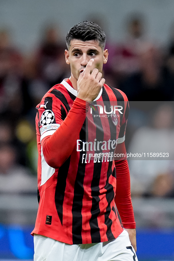 Alvaro Morata of AC Milan gestures during the UEFA Champions League 2024/25 League Phase MD1 match between AC Milan and Liverpool FC at Stad...