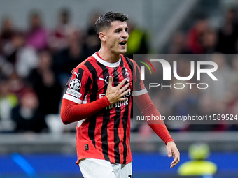 Alvaro Morata of AC Milan yells during the UEFA Champions League 2024/25 League Phase MD1 match between AC Milan and Liverpool FC at Stadio...