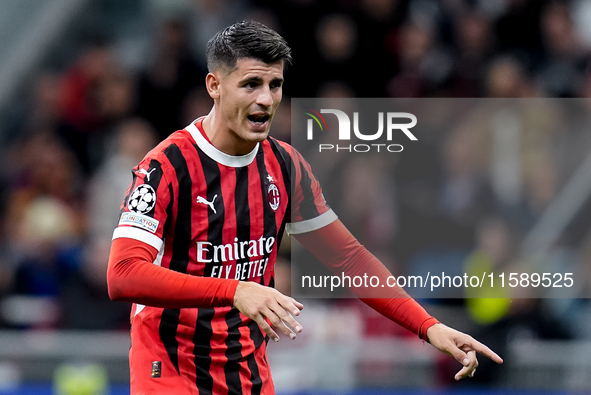 Alvaro Morata of AC Milan gestures during the UEFA Champions League 2024/25 League Phase MD1 match between AC Milan and Liverpool FC at Stad...