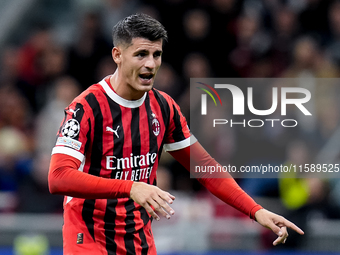 Alvaro Morata of AC Milan gestures during the UEFA Champions League 2024/25 League Phase MD1 match between AC Milan and Liverpool FC at Stad...