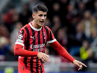 Alvaro Morata of AC Milan gestures during the UEFA Champions League 2024/25 League Phase MD1 match between AC Milan and Liverpool FC at Stad...