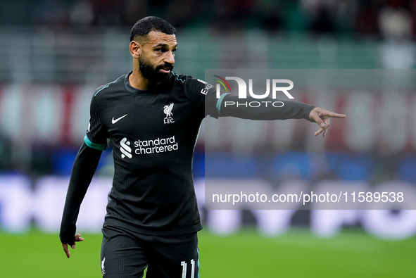 Mohamed Salah of Liverpool FC gestures during the UEFA Champions League 2024/25 League Phase MD1 match between AC Milan and Liverpool FC at...