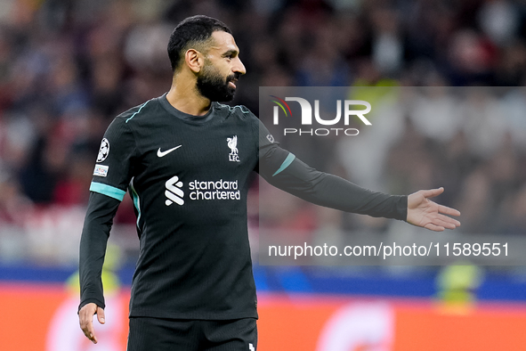 Mohamed Salah of Liverpool FC gestures during the UEFA Champions League 2024/25 League Phase MD1 match between AC Milan and Liverpool FC at...