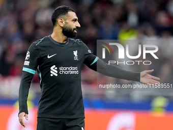 Mohamed Salah of Liverpool FC gestures during the UEFA Champions League 2024/25 League Phase MD1 match between AC Milan and Liverpool FC at...