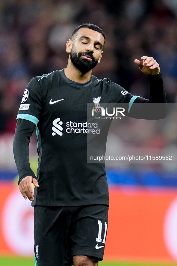 Mohamed Salah of Liverpool FC reacts during the UEFA Champions League 2024/25 League Phase MD1 match between AC Milan and Liverpool FC at St...