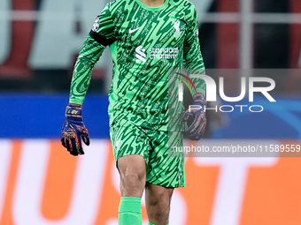 Alisson Becker of Liverpool FC in action during the UEFA Champions League 2024/25 League Phase MD1 match between AC Milan and Liverpool FC a...