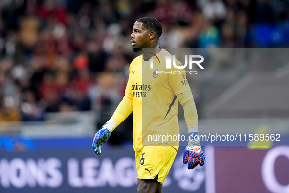 Mike Maignan of AC Milan looks on during the UEFA Champions League 2024/25 League Phase MD1 match between AC Milan and Liverpool FC at Stadi...