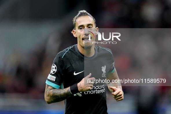 Kostas Tsimikas of Liverpool FC looks on during the UEFA Champions League 2024/25 League Phase MD1 match between AC Milan and Liverpool FC a...