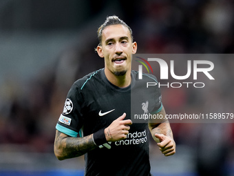 Kostas Tsimikas of Liverpool FC looks on during the UEFA Champions League 2024/25 League Phase MD1 match between AC Milan and Liverpool FC a...