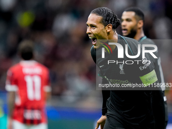 Virgil van Dijk of Liverpool FC celebrates after scoring second goal during the UEFA Champions League 2024/25 League Phase MD1 match between...