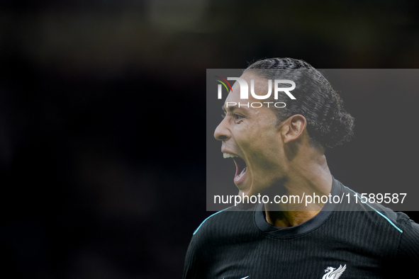 Virgil van Dijk of Liverpool FC celebrates after scoring second goal during the UEFA Champions League 2024/25 League Phase MD1 match between...