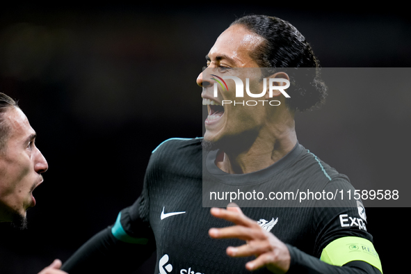 Virgil van Dijk of Liverpool FC celebrates after scoring second goal during the UEFA Champions League 2024/25 League Phase MD1 match between...