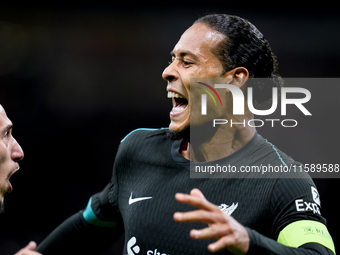 Virgil van Dijk of Liverpool FC celebrates after scoring second goal during the UEFA Champions League 2024/25 League Phase MD1 match between...