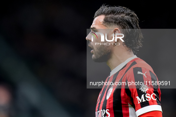 Theo Hernandez of AC Milan looks on during the UEFA Champions League 2024/25 League Phase MD1 match between AC Milan and Liverpool FC at Sta...