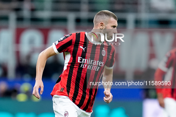 Strahinja Pavlovic of AC Milan looks on during the UEFA Champions League 2024/25 League Phase MD1 match between AC Milan and Liverpool FC at...