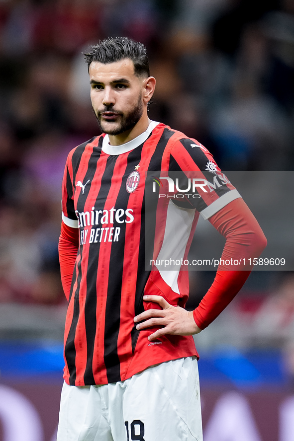 Theo Hernandez of AC Milan looks on during the UEFA Champions League 2024/25 League Phase MD1 match between AC Milan and Liverpool FC at Sta...