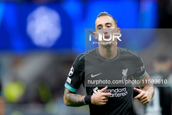 Kostas Tsimikas of Liverpool FC looks on during the UEFA Champions League 2024/25 League Phase MD1 match between AC Milan and Liverpool FC a...