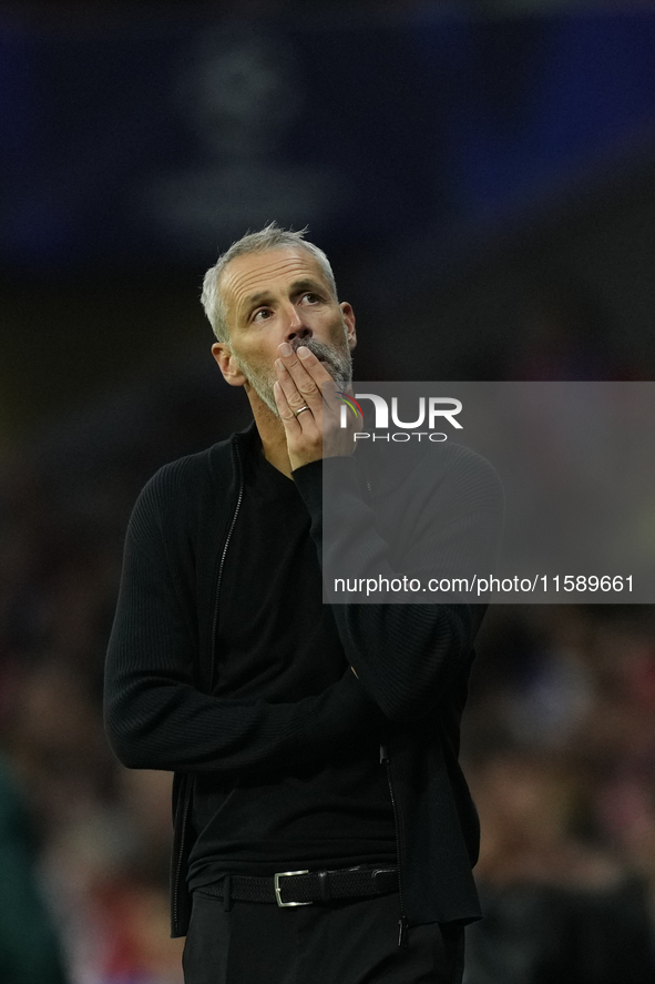 Marco Rose head coach of RB Leipzig reacts during the UEFA Champions League 2024/25 League Phase MD1 match between Atletico de Madrid and RB...