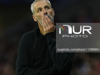 Marco Rose head coach of RB Leipzig reacts during the UEFA Champions League 2024/25 League Phase MD1 match between Atletico de Madrid and RB...