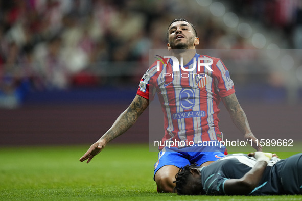 Angel Correa right winger of Atletico de Madrid and Argentina lament a failed occasion during the UEFA Champions League 2024/25 League Phase...