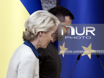 Ukrainian President Volodymyr Zelenskiy and European Commission President Ursula Von Der Leyen attend a joint press conference in Kyiv, Ukra...