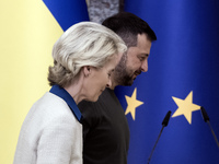 Ukrainian President Volodymyr Zelenskiy and European Commission President Ursula Von Der Leyen attend a joint press conference in Kyiv, Ukra...