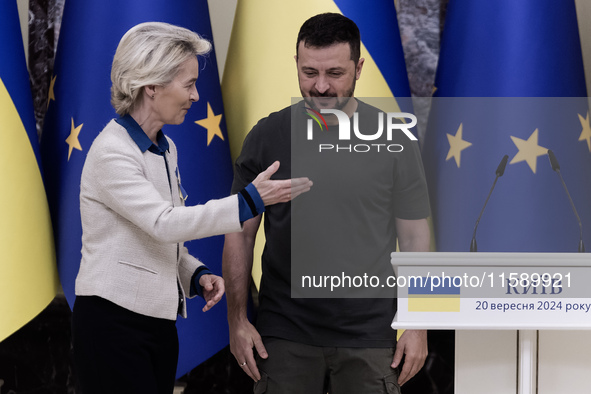 Ukrainian President Volodymyr Zelenskiy and European Commission President Ursula Von Der Leyen attend a joint press conference in Kyiv, Ukra...