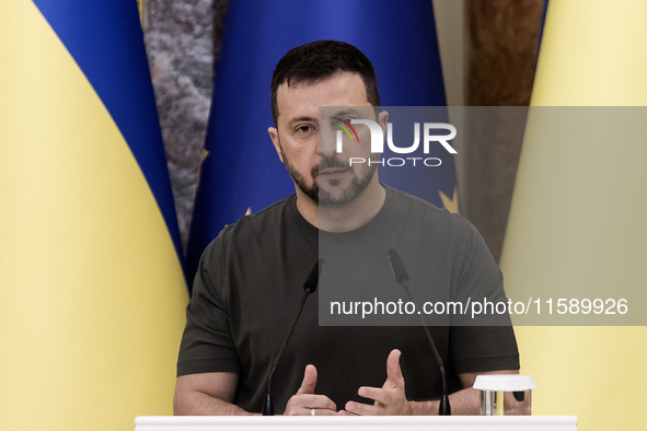 Ukrainian President Volodymyr Zelenskiy during a joint press conference with European Commission President Ursula Von Der Leyen in Kyiv, Ukr...