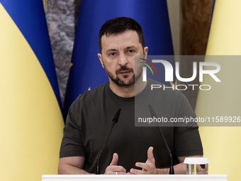 Ukrainian President Volodymyr Zelenskiy during a joint press conference with European Commission President Ursula Von Der Leyen in Kyiv, Ukr...