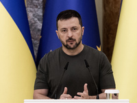 Ukrainian President Volodymyr Zelenskiy during a joint press conference with European Commission President Ursula Von Der Leyen in Kyiv, Ukr...