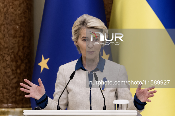 European Commission President Ursula Von Der Leyen speaks during a joint press conference with Ukrainian President Volodymyr Zelenskiy in Ky...