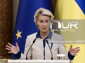 European Commission President Ursula Von Der Leyen speaks during a joint press conference with Ukrainian President Volodymyr Zelenskiy in Ky...