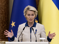 European Commission President Ursula Von Der Leyen speaks during a joint press conference with Ukrainian President Volodymyr Zelenskiy in Ky...