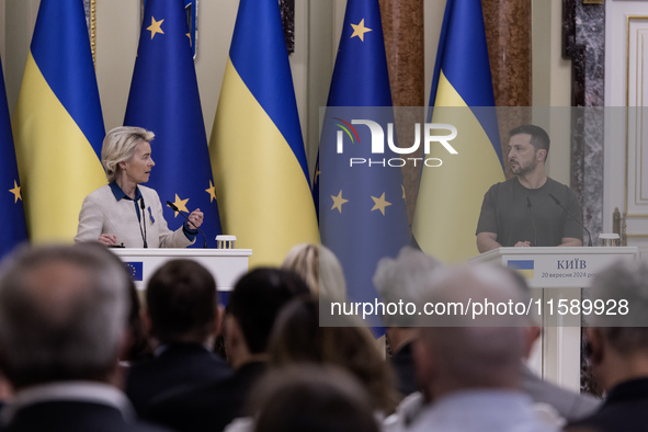 Ukrainian President Volodymyr Zelenskiy and European Commission President Ursula Von Der Leyen attend a joint press conference in Kyiv, Ukra...