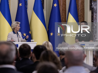 Ukrainian President Volodymyr Zelenskiy and European Commission President Ursula Von Der Leyen attend a joint press conference in Kyiv, Ukra...