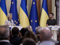 Ukrainian President Volodymyr Zelenskiy and European Commission President Ursula Von Der Leyen attend a joint press conference in Kyiv, Ukra...