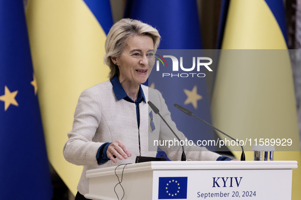 European Commission President Ursula Von Der Leyen speaks during a joint press conference with Ukrainian President Volodymyr Zelenskiy in Ky...